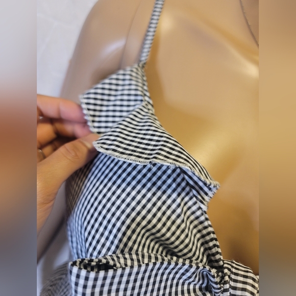Padded Spaghetti Smocked Back Button Down Checkered Mini Dress - Picture 4 of 9